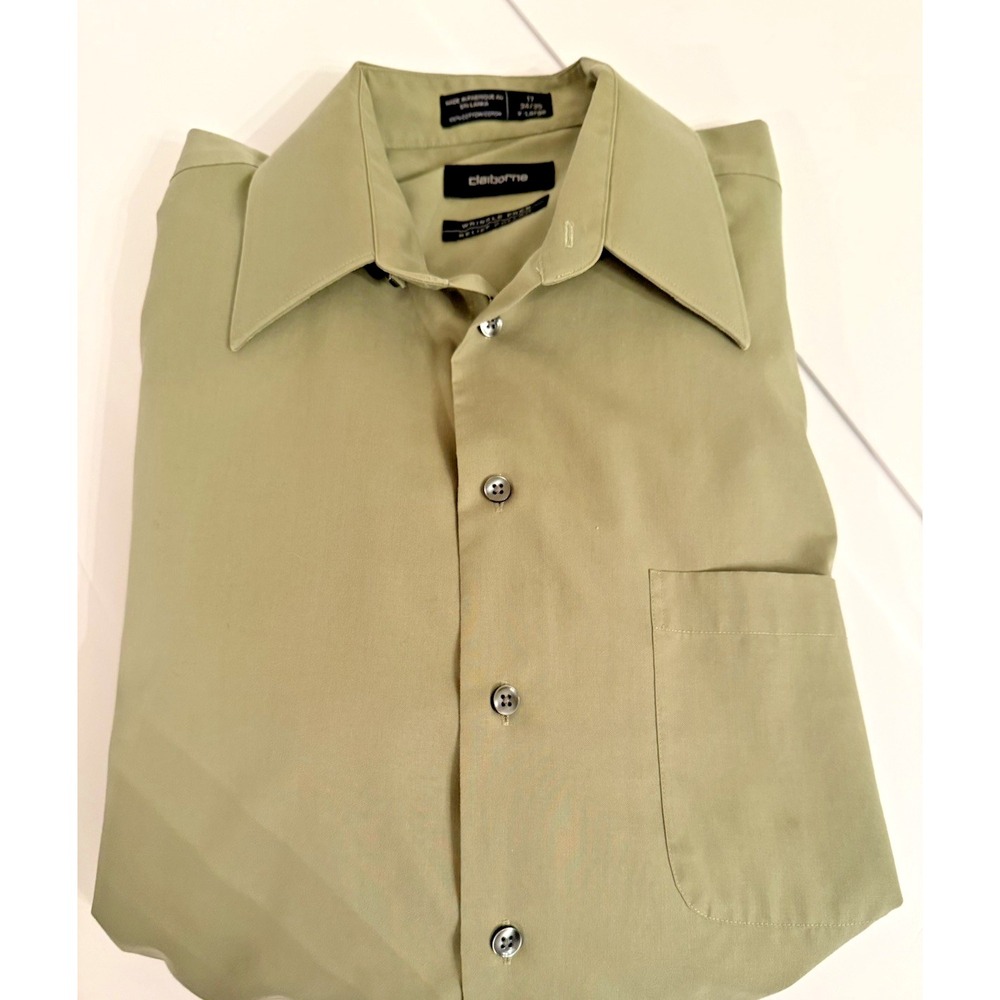 Claiborne Mens Button Up Wrinkle Free Shirt Avocado Green XL 17 34/35 Long Slv